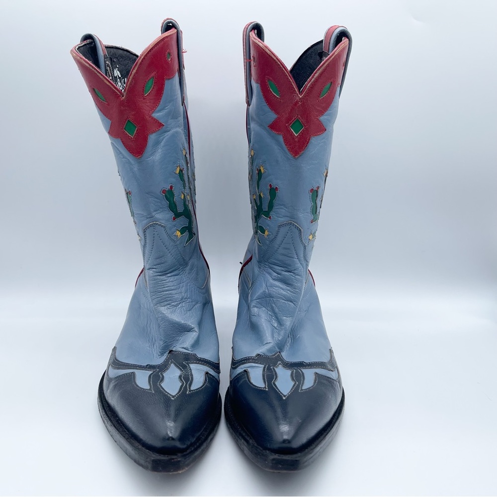 RELISTED Larry Mahan Prickly Pear Cactus Western Cowgirl Boots Blue Red Rodeo 7 - Picture 2 of 16
